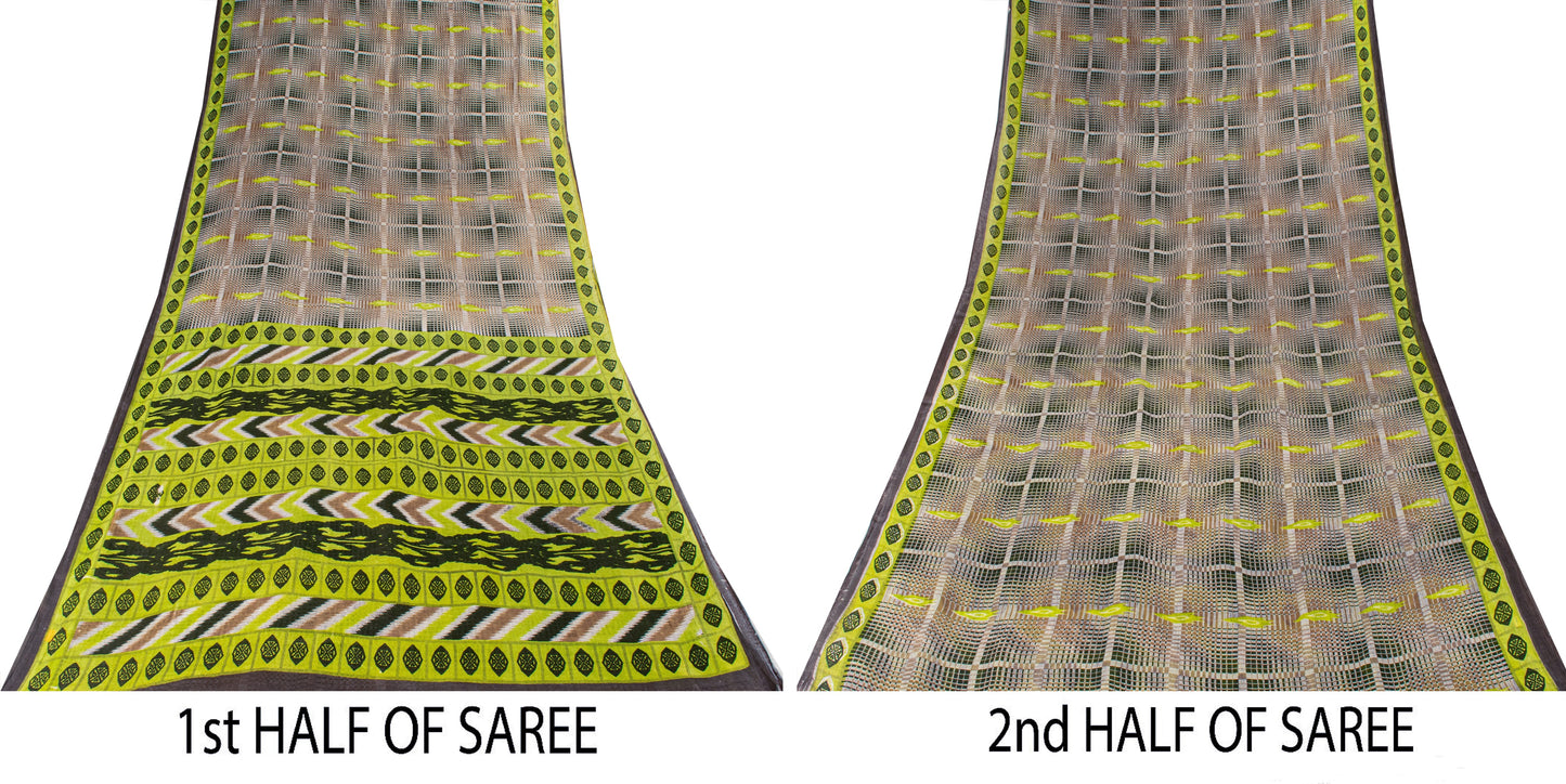 Sanskriti Vintage Green-Brown Pure Cotton Saree Geometric Ikat Print 5.5YDCraft