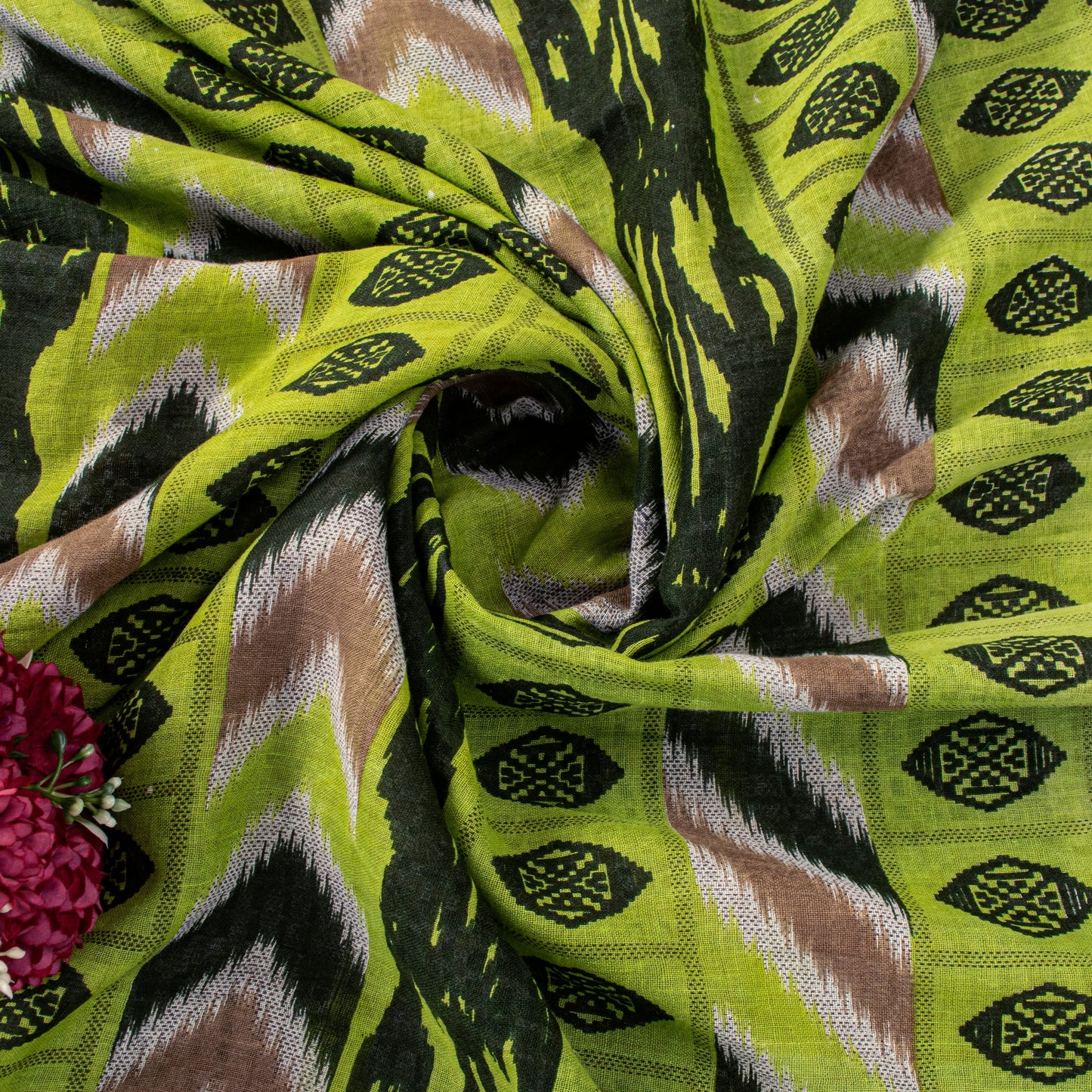 Sanskriti Vintage Green-Brown Pure Cotton Saree Geometric Ikat Print 5.5YDCraft