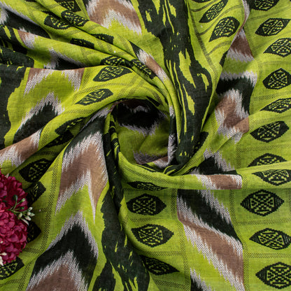 Sanskriti Vintage Green-Brown Pure Cotton Saree Geometric Ikat Print 5.5YDCraft