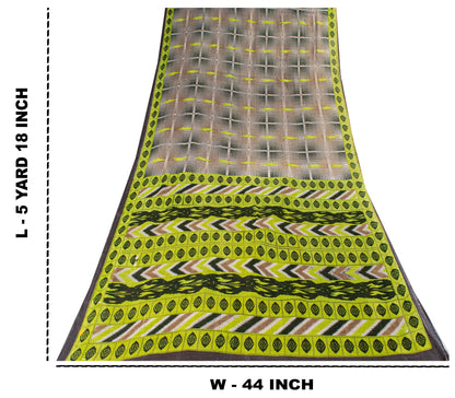 Sanskriti Vintage Green-Brown Pure Cotton Saree Geometric Ikat Print 5.5YDCraft