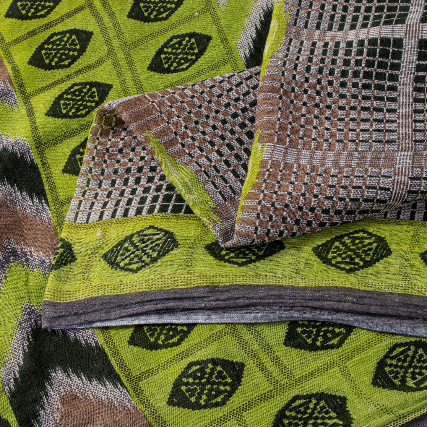Sanskriti Vintage Green-Brown Pure Cotton Saree Geometric Ikat Print 5.5YDCraft