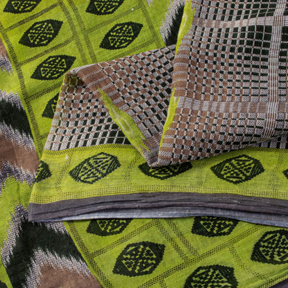 Sanskriti Vintage Green-Brown Pure Cotton Saree Geometric Ikat Print 5.5YDCraft