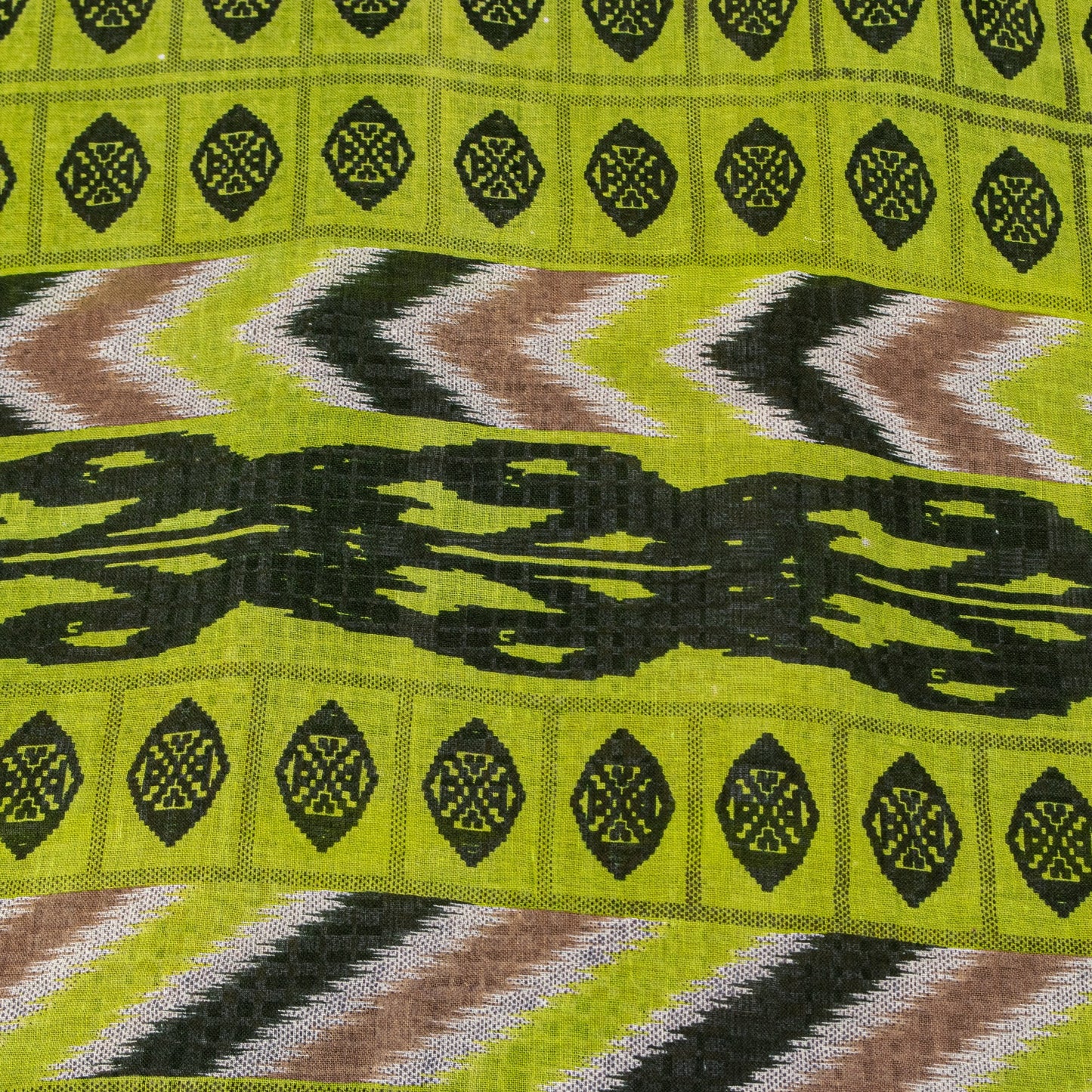 Sanskriti Vintage Green-Brown Pure Cotton Saree Geometric Ikat Print 5.5YDCraft