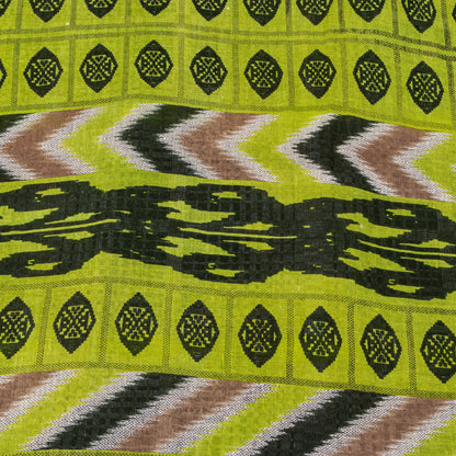 Sanskriti Vintage Green-Brown Pure Cotton Saree Geometric Ikat Print 5.5YDCraft