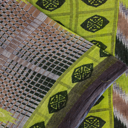 Sanskriti Vintage Green-Brown Pure Cotton Saree Geometric Ikat Print 5.5YDCraft