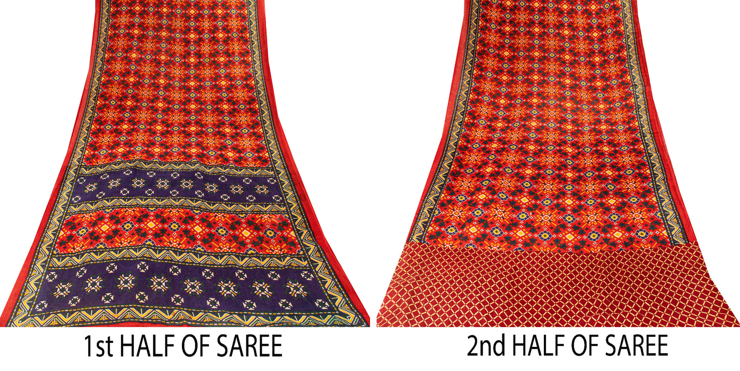Sanskriti Vintage Red Saree Pure Cotton Patan Patola Printed Gujrat Sari 5.5 YD