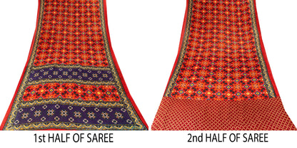 Sanskriti Vintage Red Saree Pure Cotton Patan Patola Printed Gujrat Sari 5.5 YD