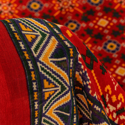 Sanskriti Vintage Red Saree Pure Cotton Patan Patola Printed Gujrat Sari 5.5 YD