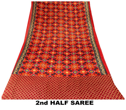 Sanskriti Vintage Red Saree Pure Cotton Patan Patola Printed Gujrat Sari 5.5 YD