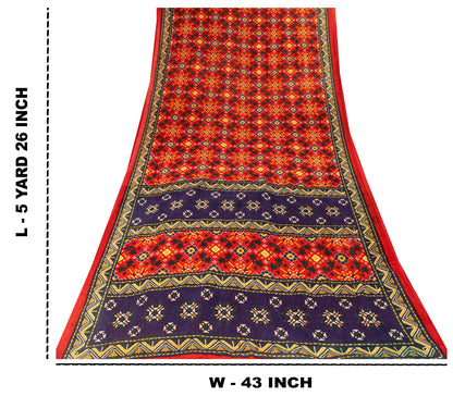 Sanskriti Vintage Red Saree Pure Cotton Patan Patola Printed Gujrat Sari 5.5 YD