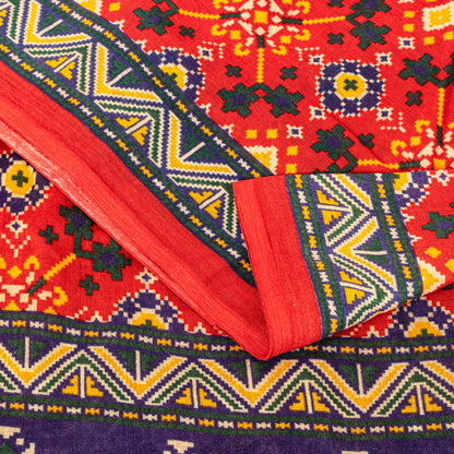 Sanskriti Vintage Red Saree Pure Cotton Patan Patola Printed Gujrat Sari 5.5 YD
