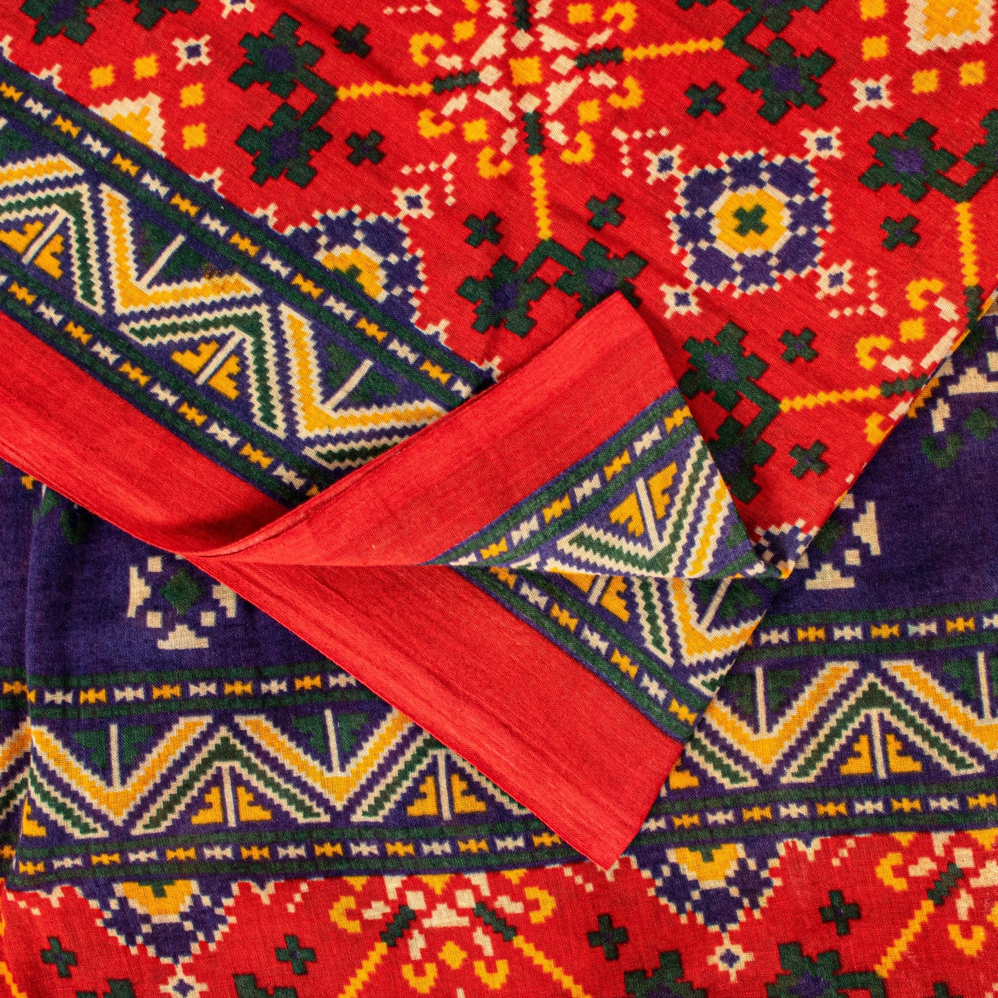 Sanskriti Vintage Red Saree Pure Cotton Patan Patola Printed Gujrat Sari 5.5 YD