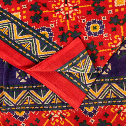 Sanskriti Vintage Red Saree Pure Cotton Patan Patola Printed Gujrat Sari 5.5 YD