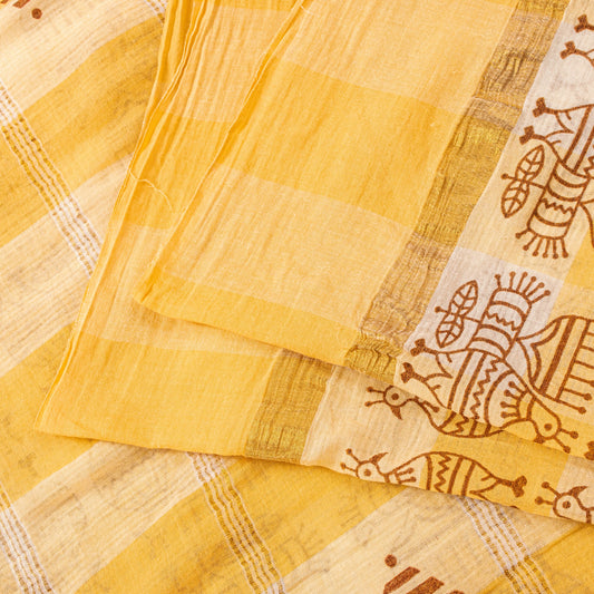 Sanskriti Vintage Yellow Saree Pure Cotton Handmade Kalamkari Peacock Sari 5.5YD