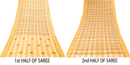 Sanskriti Vintage Yellow Saree Pure Cotton Handmade Kalamkari Peacock Sari 5.5YD