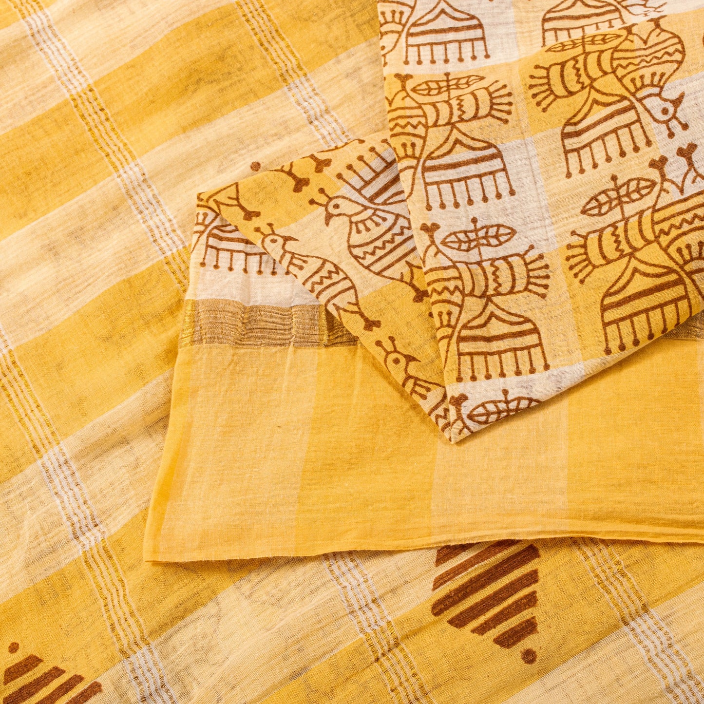 Sanskriti Vintage Yellow Saree Pure Cotton Handmade Kalamkari Peacock Sari 5.5YD