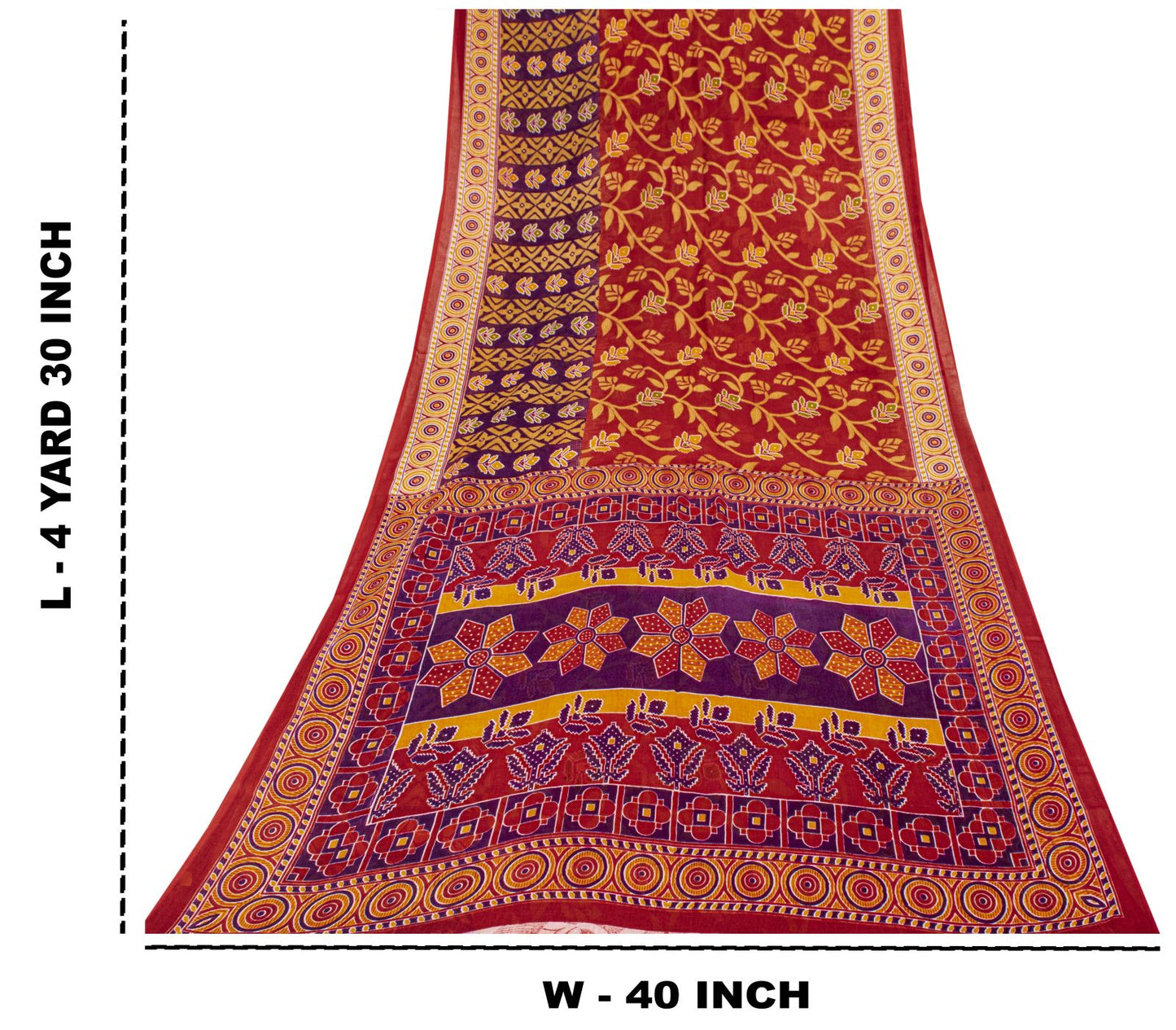 Sanskriti Vintage Saree Red Pure Cotton Floral Printed Sari 4.5+YD Craft Fabric