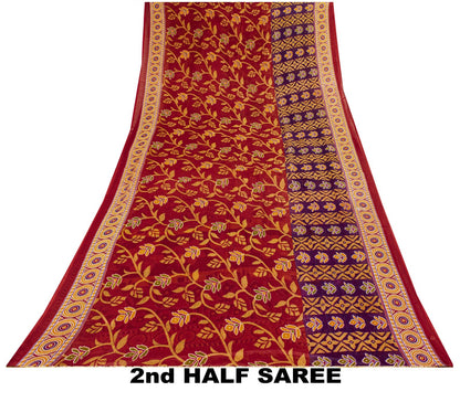 Sanskriti Vintage Saree Red Pure Cotton Floral Printed Sari 4.5+YD Craft Fabric