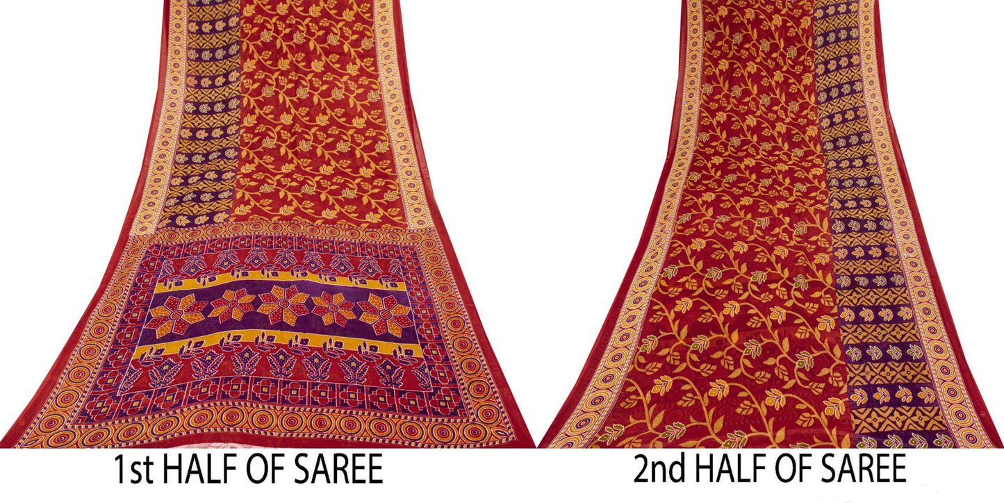 Sanskriti Vintage Saree Red Pure Cotton Floral Printed Sari 4.5+YD Craft Fabric