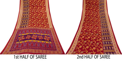 Sanskriti Vintage Saree Red Pure Cotton Floral Printed Sari 4.5+YD Craft Fabric