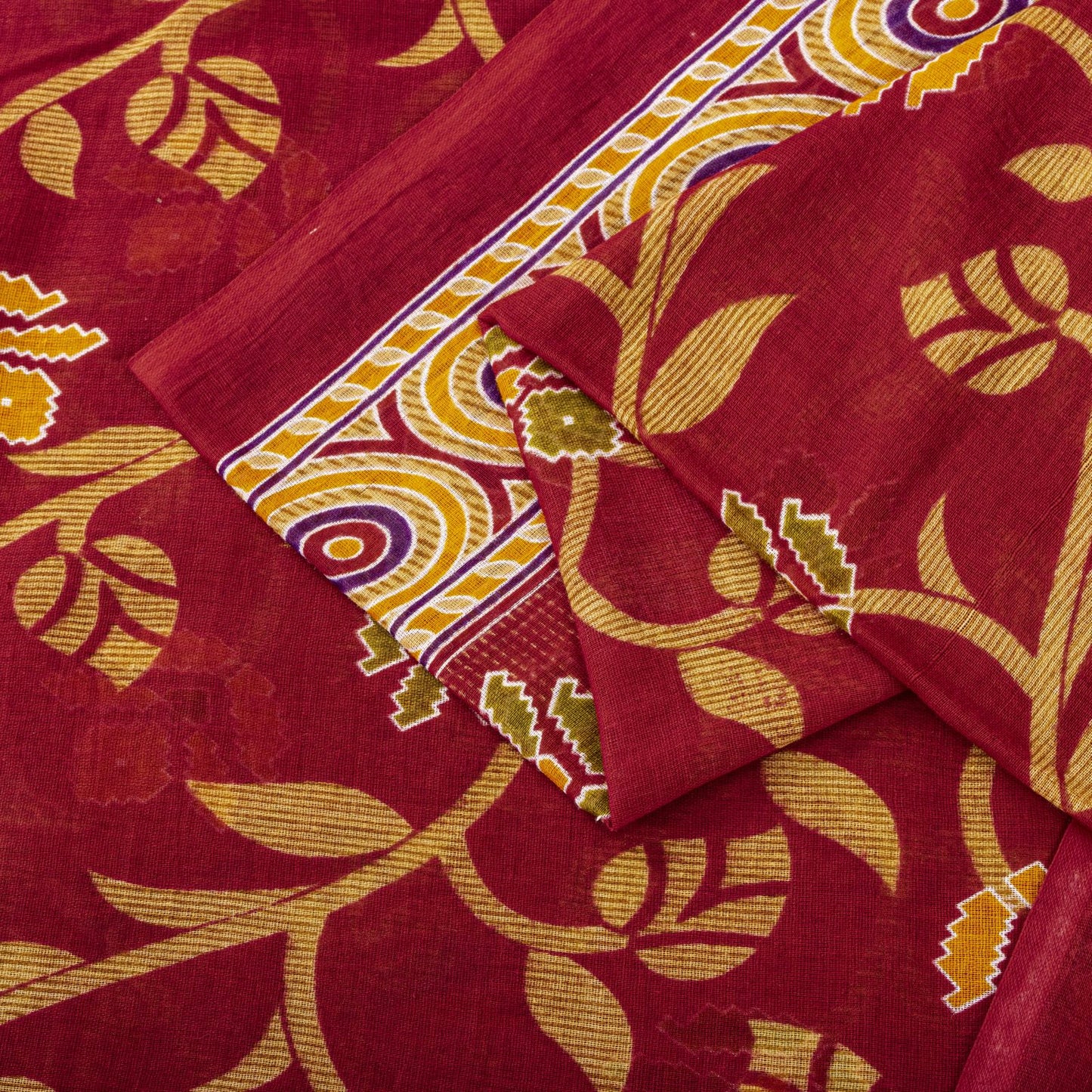 Sanskriti Vintage Saree Red Pure Cotton Floral Printed Sari 4.5+YD Craft Fabric