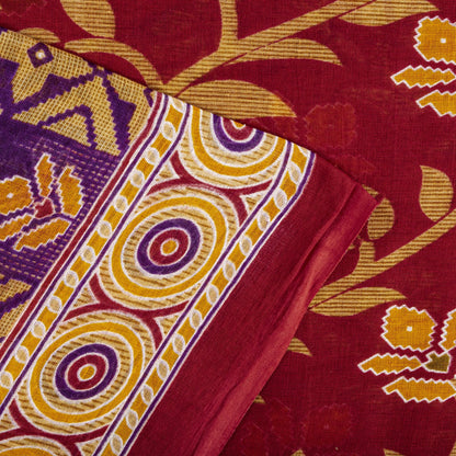 Sanskriti Vintage Saree Red Pure Cotton Floral Printed Sari 4.5+YD Craft Fabric