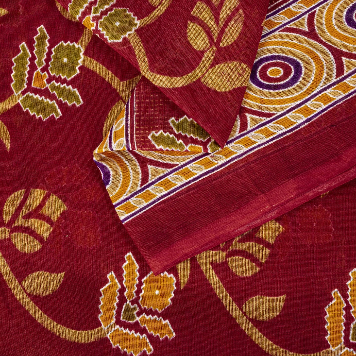 Sanskriti Vintage Saree Red Pure Cotton Floral Printed Sari 4.5+YD Craft Fabric
