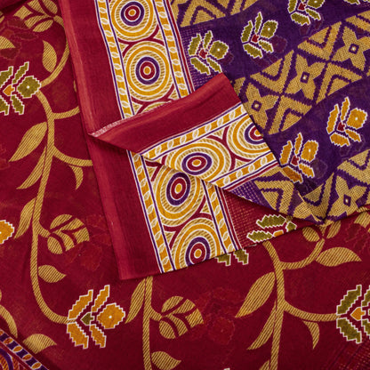 Sanskriti Vintage Saree Red Pure Cotton Floral Printed Sari 4.5+YD Craft Fabric