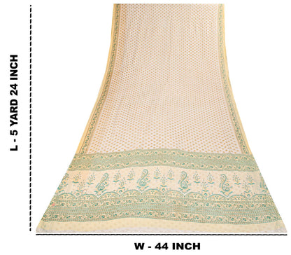 Sanskriti Vintage Cream Pure Cotton Saree Floral Block Print Sari 5+Yard Fabric