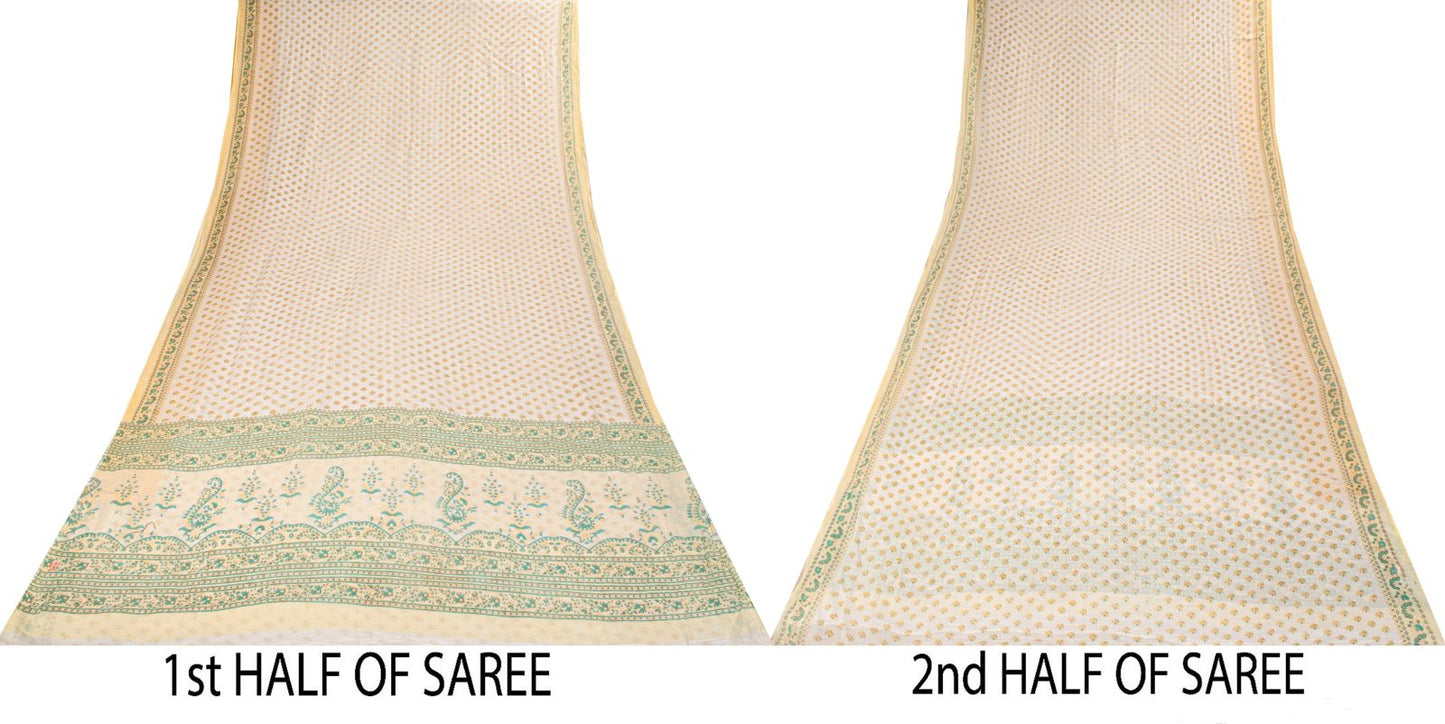 Sanskriti Vintage Cream Pure Cotton Saree Floral Block Print Sari 5+Yard Fabric