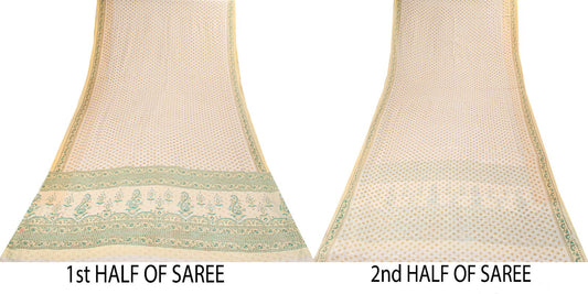 Sanskriti Vintage Cream Pure Cotton Saree Floral Block Print Sari 5+Yard Fabric