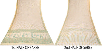 Sanskriti Vintage Cream Pure Cotton Saree Floral Block Print Sari 5+Yard Fabric