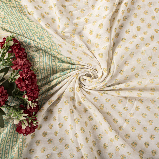 Sanskriti Vintage Cream Pure Cotton Saree Floral Block Print Sari 5+Yard Fabric