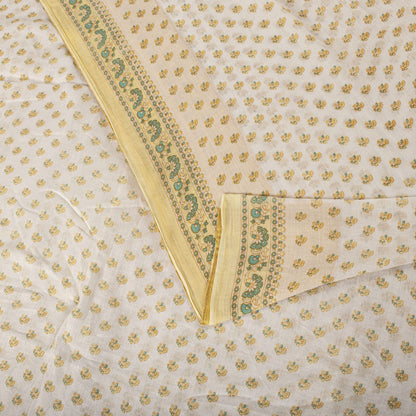 Sanskriti Vintage Cream Pure Cotton Saree Floral Block Print Sari 5+Yard Fabric
