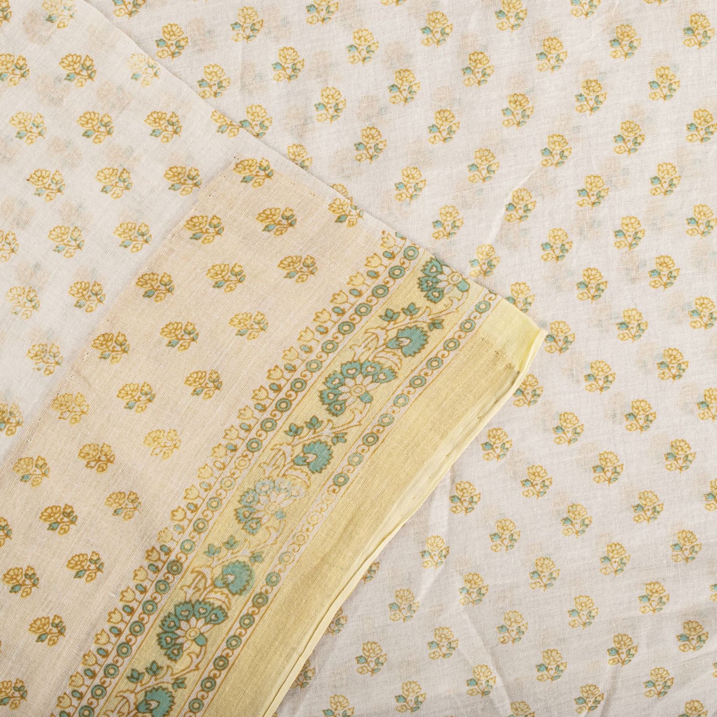 Sanskriti Vintage Cream Pure Cotton Saree Floral Block Print Sari 5+Yard Fabric