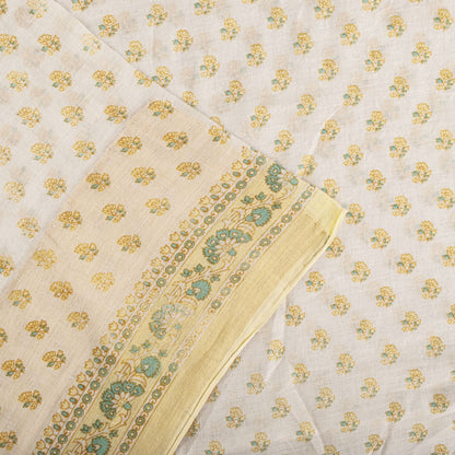 Sanskriti Vintage Cream Pure Cotton Saree Floral Block Print Sari 5+Yard Fabric