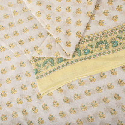 Sanskriti Vintage Cream Pure Cotton Saree Floral Block Print Sari 5+Yard Fabric