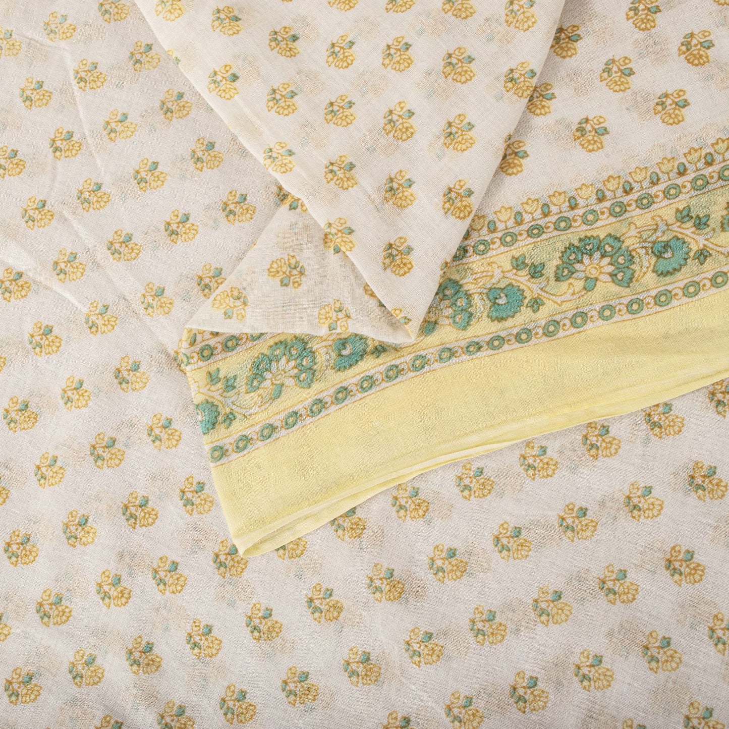Sanskriti Vintage Cream Pure Cotton Saree Floral Block Print Sari 5+Yard Fabric