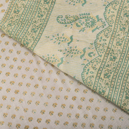 Sanskriti Vintage Cream Pure Cotton Saree Floral Block Print Sari 5+Yard Fabric