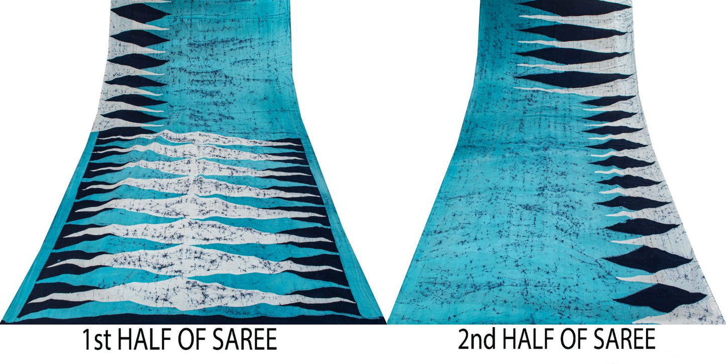 Sanskriti Vintage Blue Pure Cotton Saree Batik Work Sari 5+Yard Craft Fabric