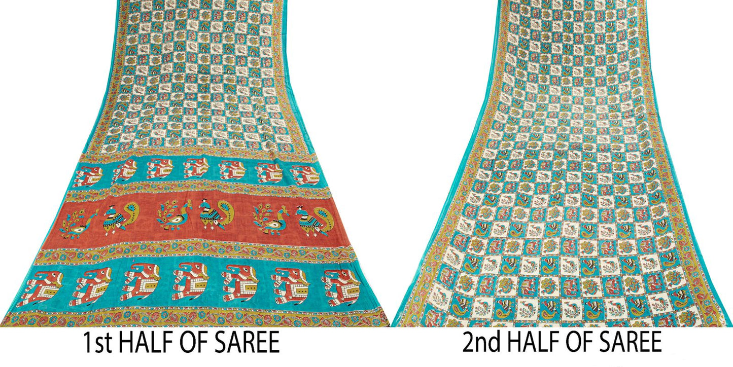 Sanskriti Vintage Pure Cotton Saree Kalamkari Handpainted Sari 5+yard Craft DIY