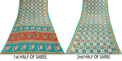 Sanskriti Vintage Pure Cotton Saree Kalamkari Handpainted Sari 5+yard Craft DIY