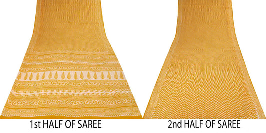 Vintage Saree Yellow 100% Pure Cotton Hand Block Print Floral Sari 5+YD Craft Sewing Decor Fabric