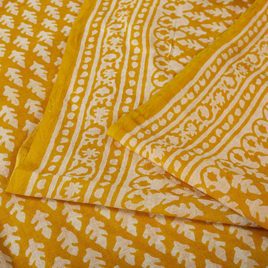 Vintage Saree Yellow 100% Pure Cotton Hand Block Print Floral Sari 5+YD Craft Sewing Decor Fabric