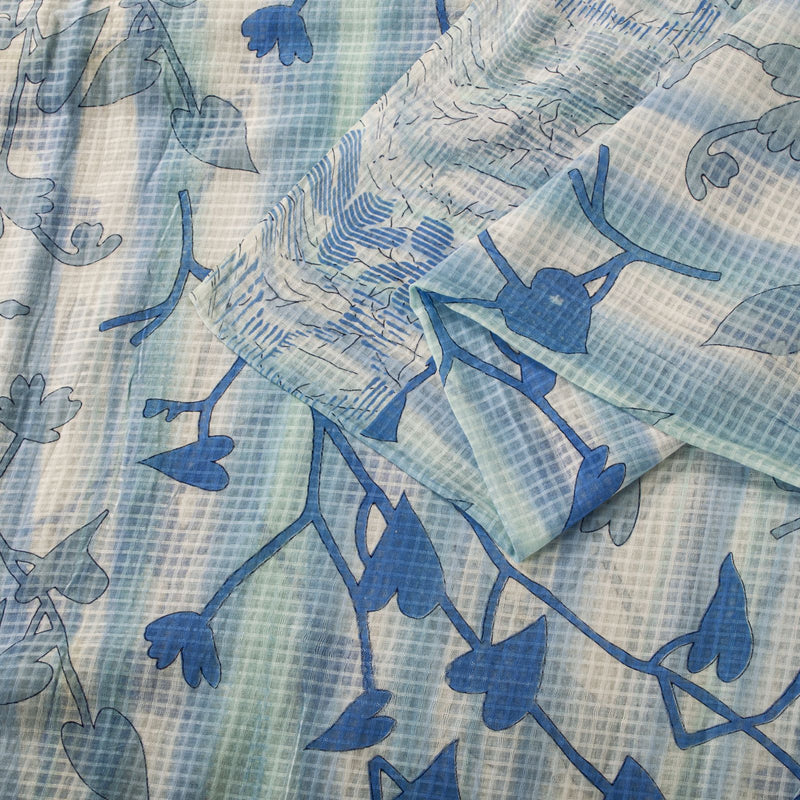 Sanskriti Vintage Saree Blue Kota Woven/Doria 100% Pure Cotton Floral Printed Sari 5+YD Sewing Craft Decor Fabric