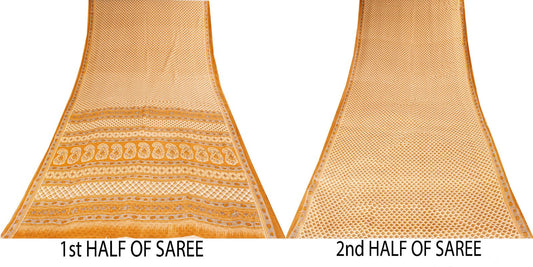 Vintage Cream-Yellow Saree 100% Pure Cotton Floral Printed Sari 5+YD Craft Sewing Decor Fabric