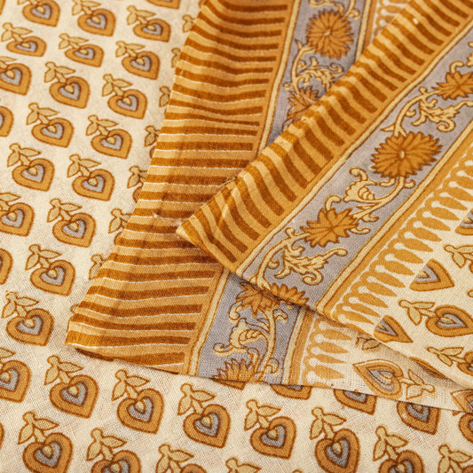 Vintage Cream-Yellow Saree 100% Pure Cotton Floral Printed Sari 5+YD Craft Sewing Decor Fabric