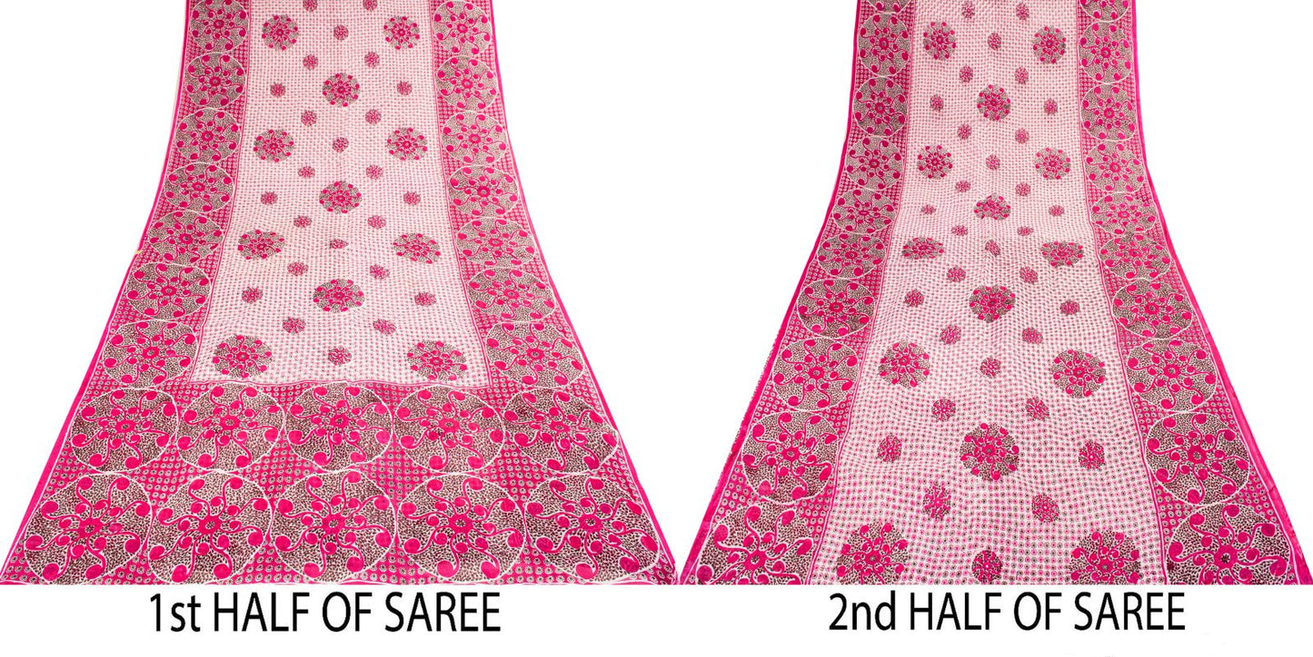 Sanskriti Vintage Saree Pink 100% Pure Cotton Mandal Art Printed Floral Geometric Sari 5+YD Craft Fabric