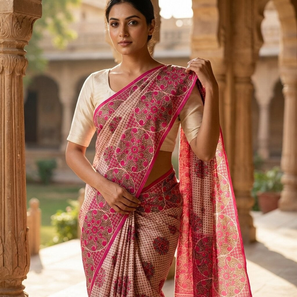 Sanskriti Vintage Saree Pink 100%Pure Cotton Mandal Art Printed Sari 5+YD Fabric