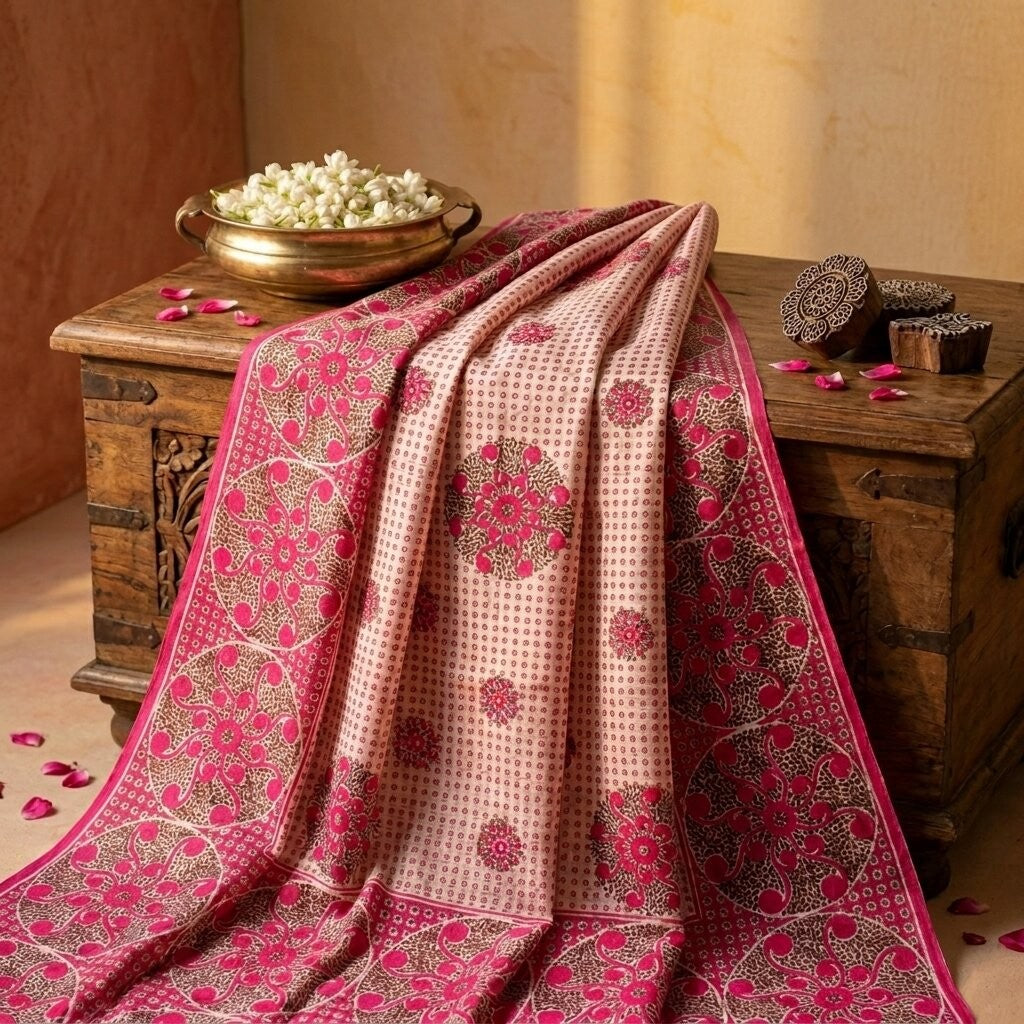 Sanskriti Vintage Saree Pink 100%Pure Cotton Mandal Art Printed Sari 5+YD Fabric